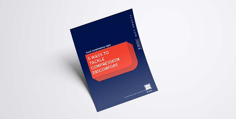 Flyer with text: 5 ways to tackle compression discomfort in navy and orange design. Flyer with text: 5 ways to tackle compression discomfort in navy and orange design.
